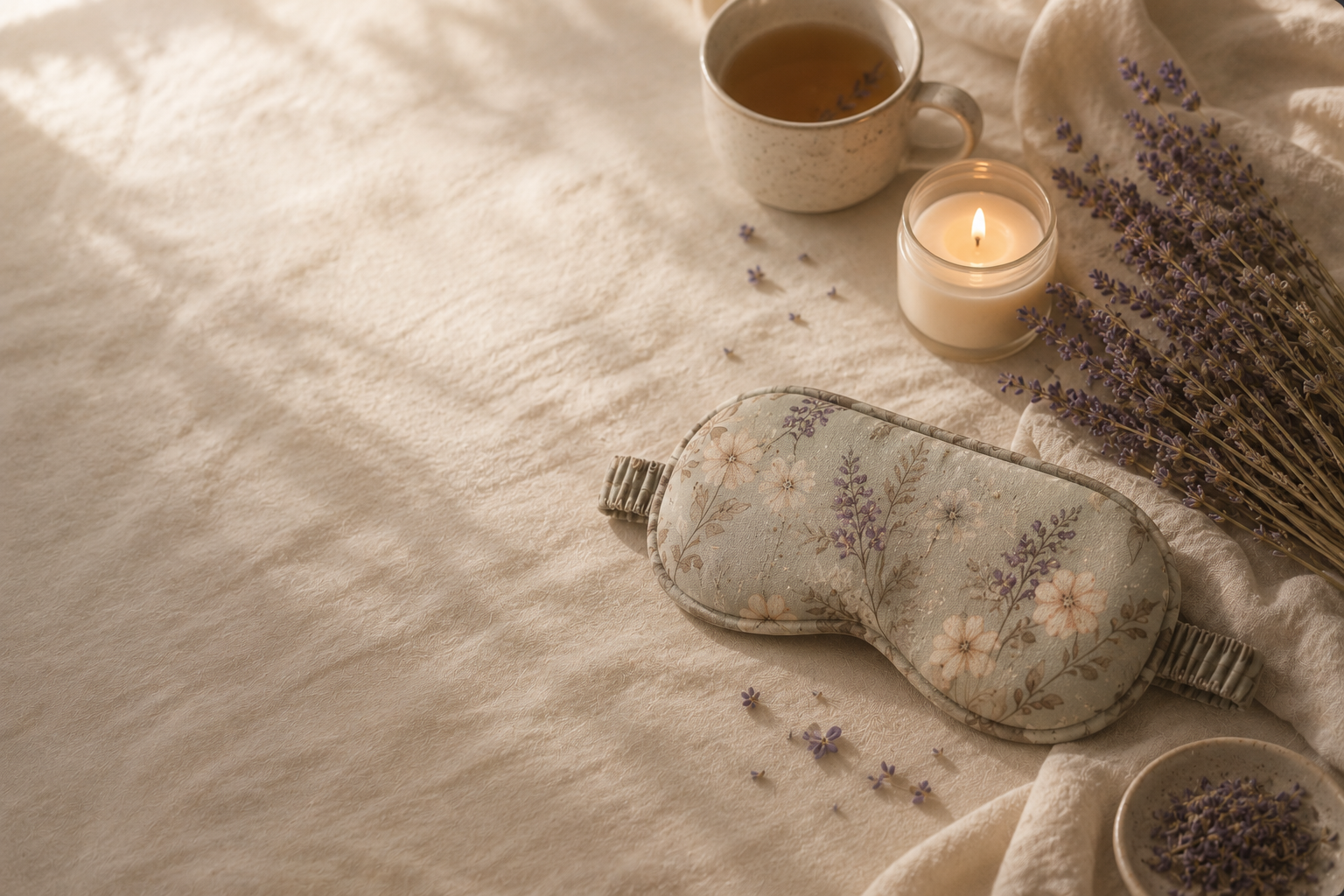 Lavender-print eye mask resting on soft cream linen beside a cup of tea, a lit candle and bundles of dried lavender.